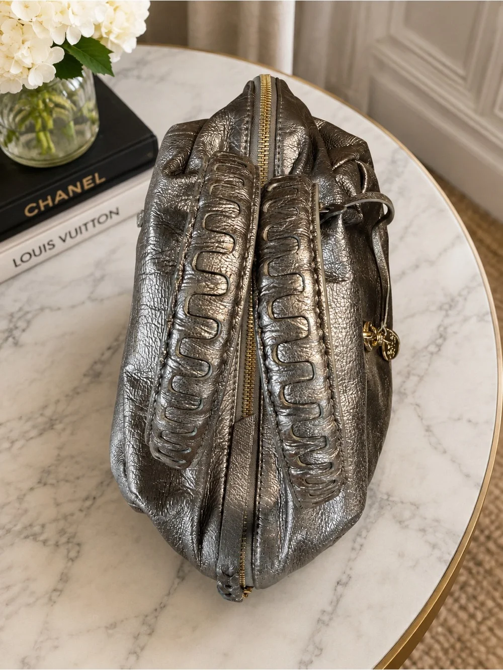 Henri Bendel Metallic Gunmetal Leather Satchel | Navy Satin Lining | Hangtag